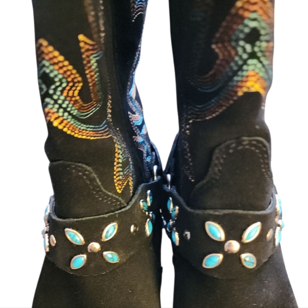 Vintage Dingo Boots Womens 8 Victoria Cowboy Suede Leather Chain Western Black - Picture 4 of 13